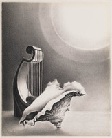 KG 1995 010
<br/>
Klank van de stilte (stilleven met schelp en harp)
<br/>
<em>Wesseling, Riek (1914-1995)</em>